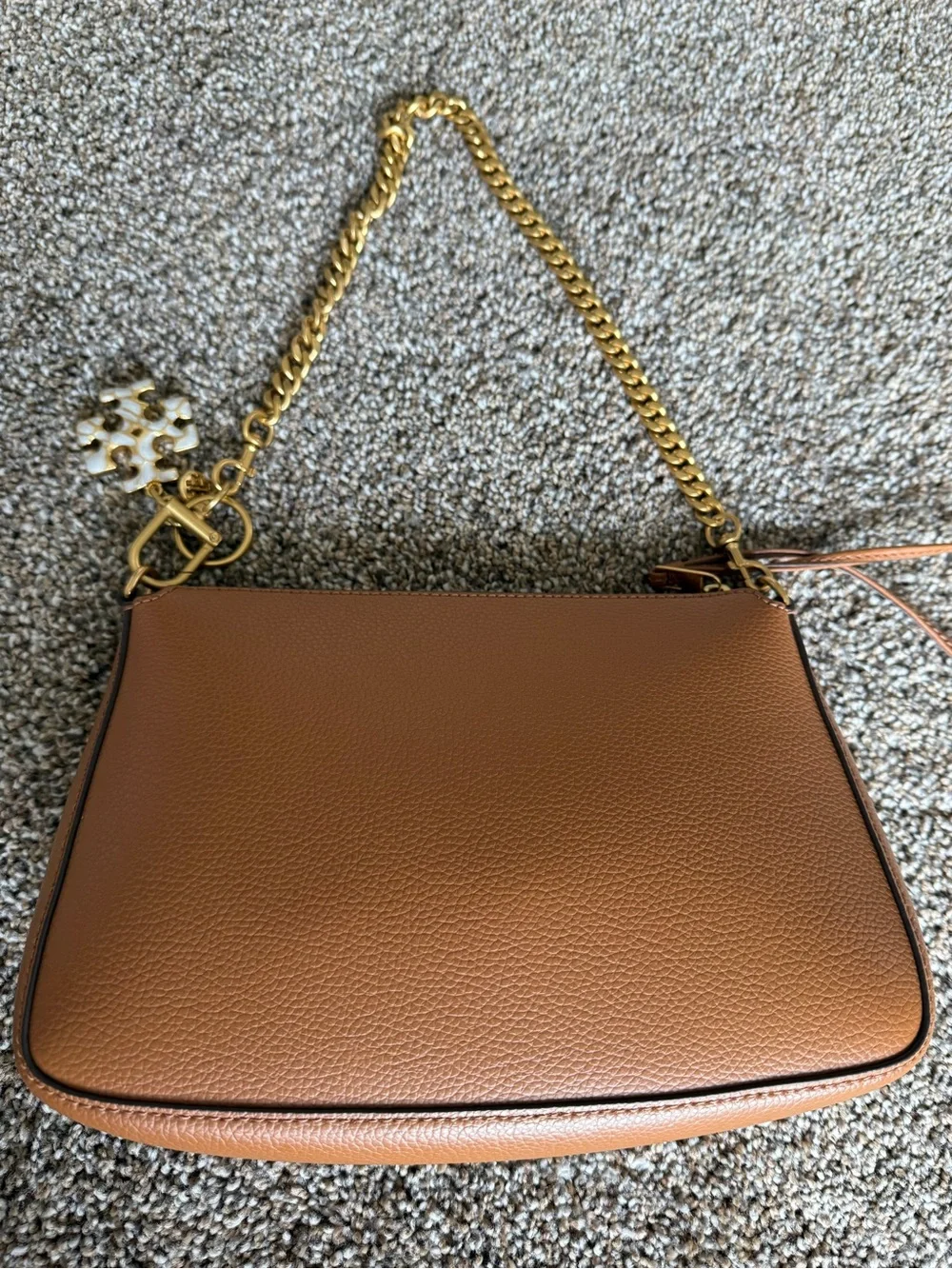 Tory Burch Brown Pebbled Leather Crossbody with Gold Chain